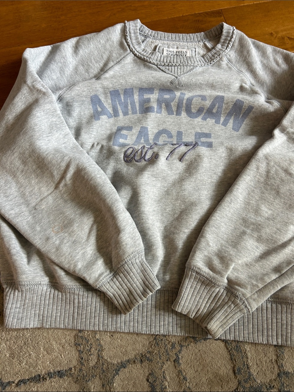 American Eagle Outfitters Light Gray Crewneck with Faded Blue Logo